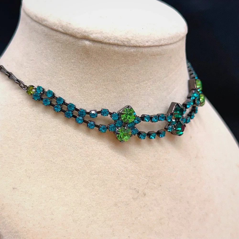 Teal Green Rhinestone Choker Necklace Gunmetal Tone Crystal Statement Jewelry